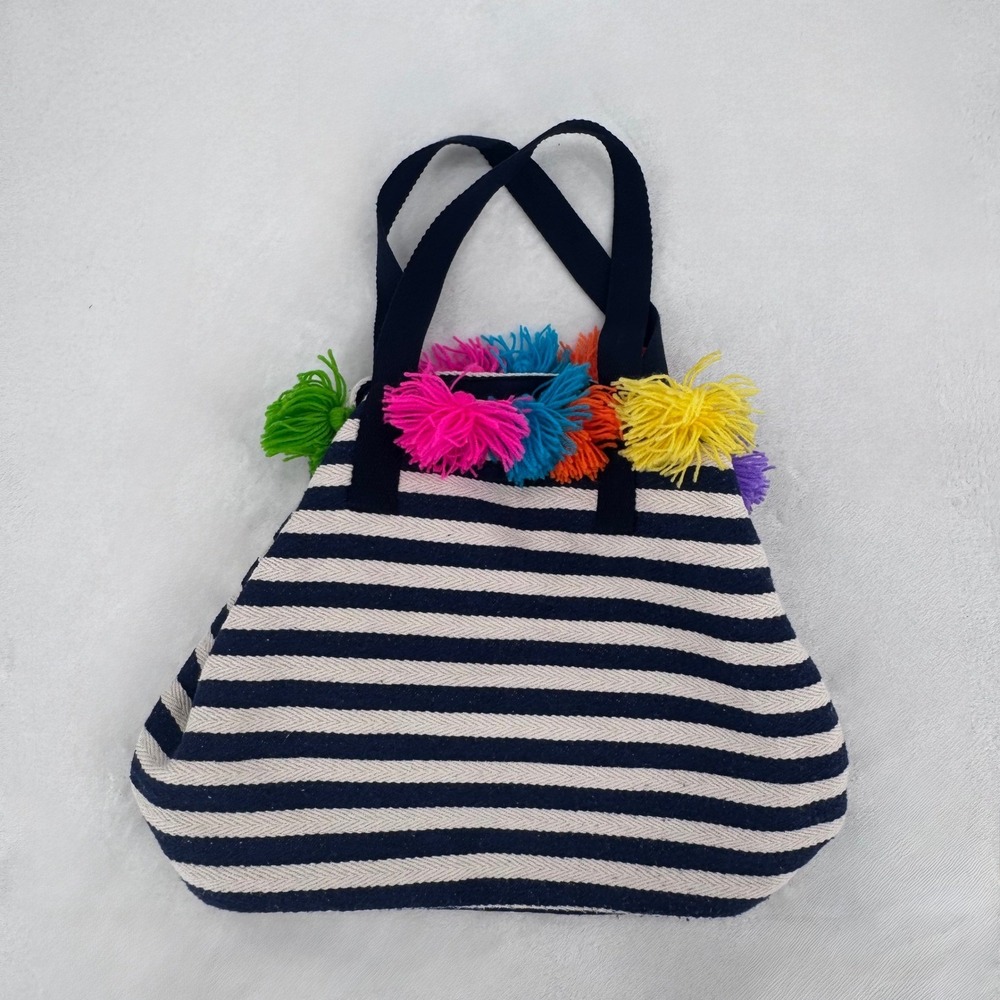 JADEtribe Valerie Bucket Tote Bag Navy White Striped Boho Neon Tassel Handwoven